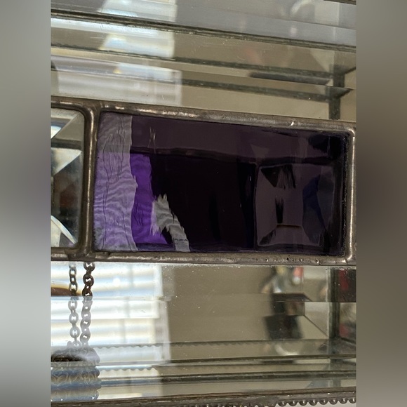 Vintage Jewelry Trinket Box Purple Stain Glass Clear Beveled Mirror Chain Hinged - Picture 6 of 12